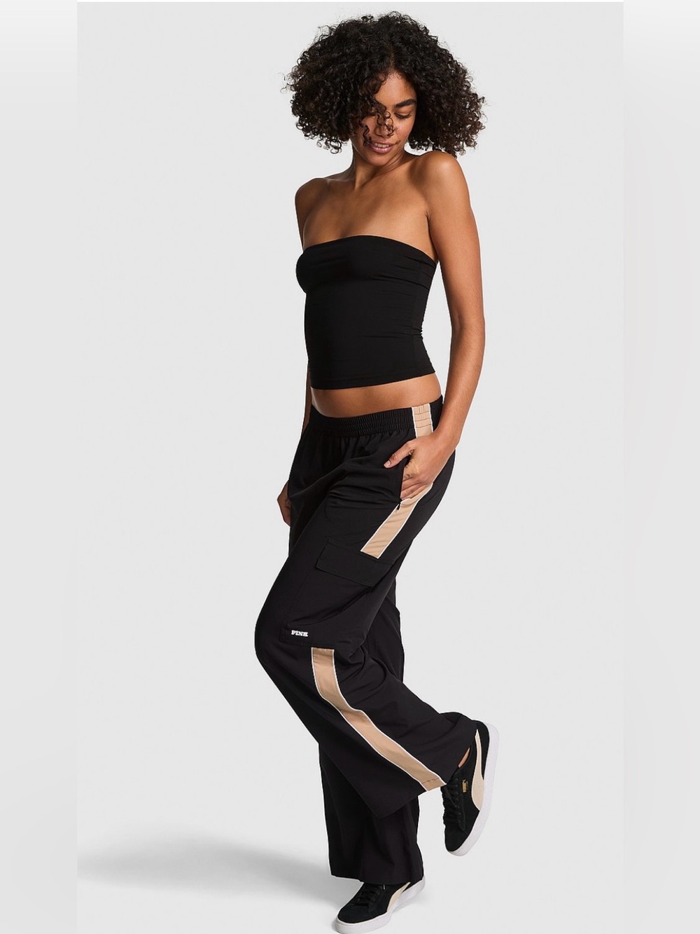 PINK Victoria's Secret Black Track Pants with Beige Contrast Stripe